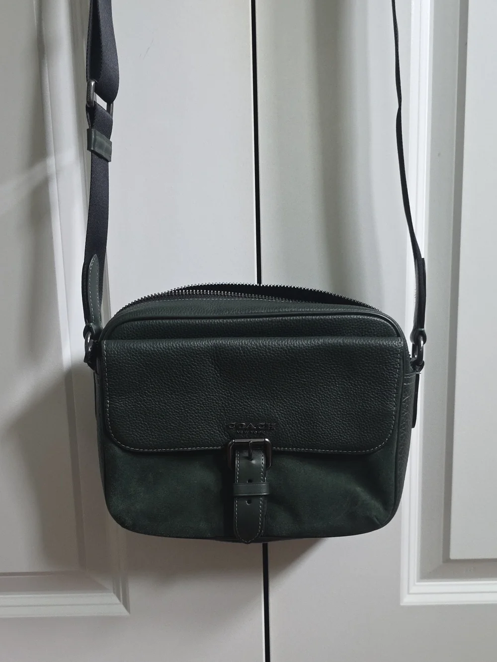 Coach Hudson Forest Green Leather & Suede Crossbody Messenger